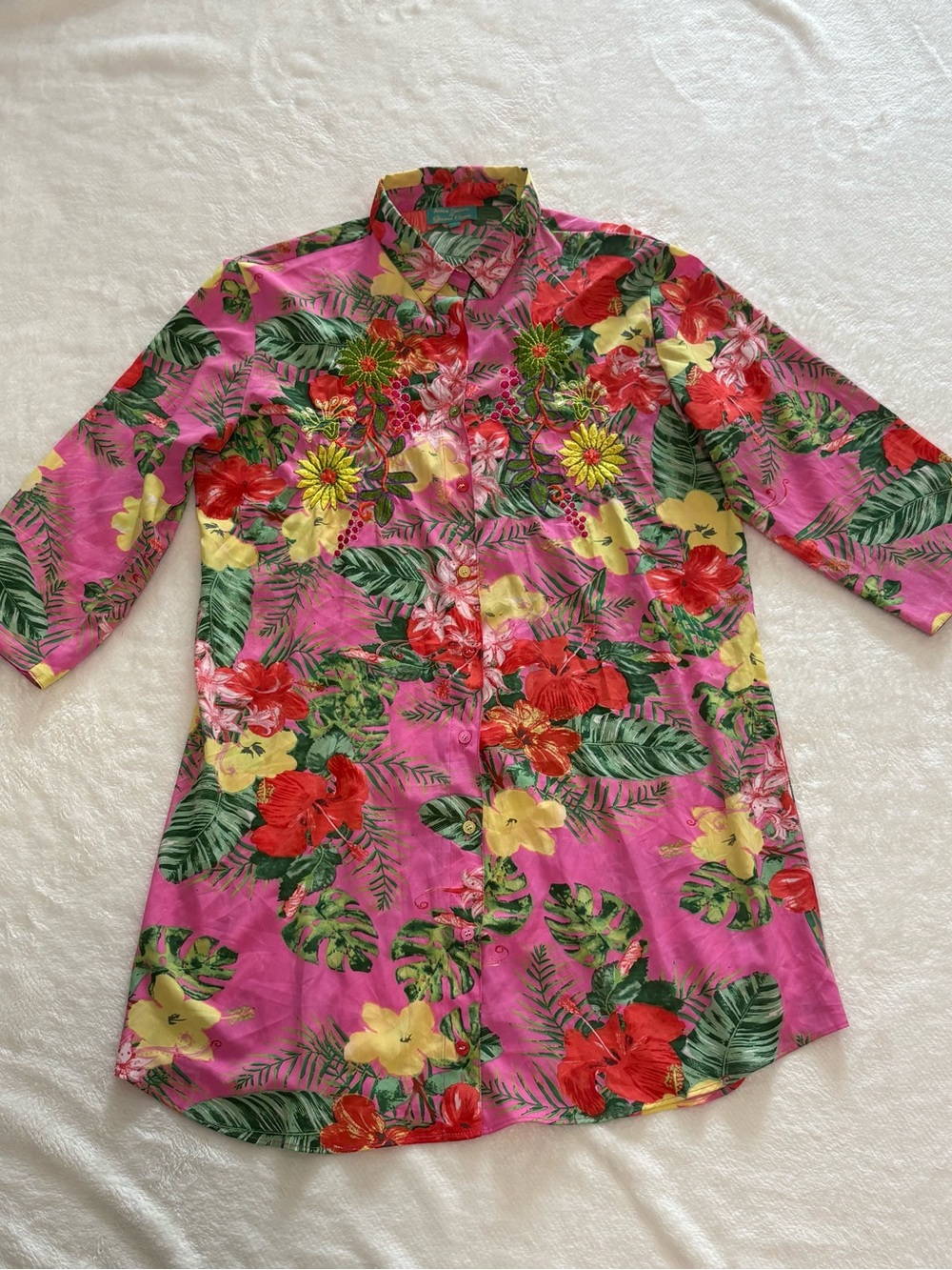 Antica Santoria Tropical Floral Button-Up Tunic - Pink, Red, Yellow, Green